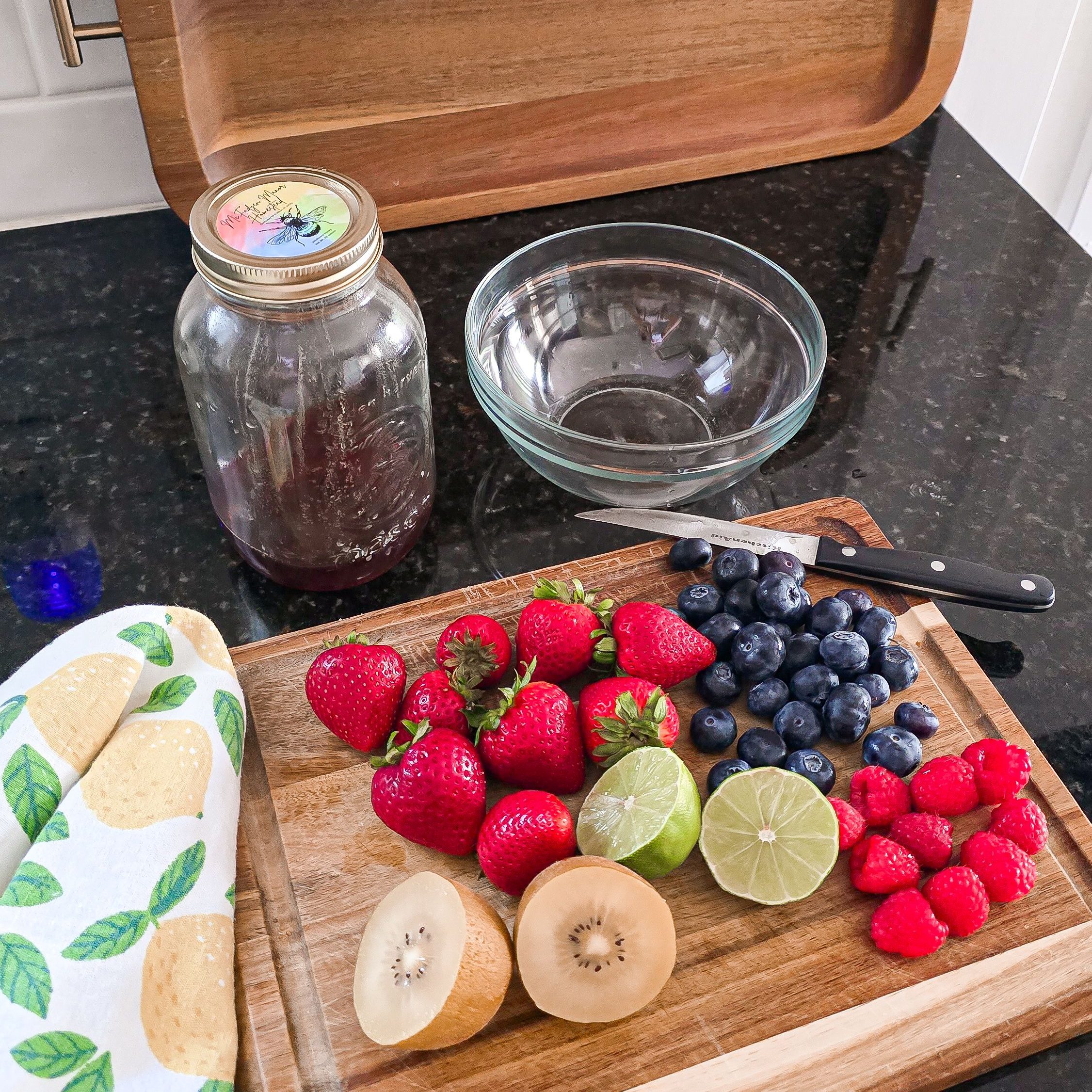 fruit on a wooden cutting board